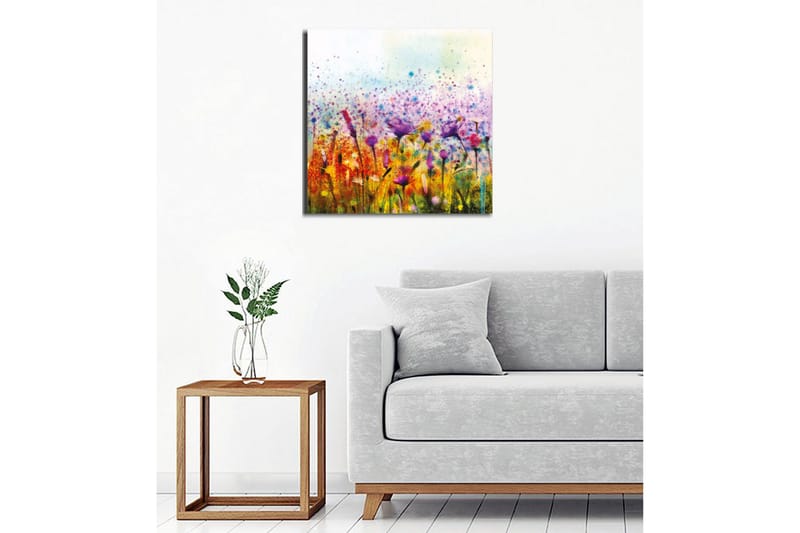 Canvastavla - Färgrik blomsteräng med fåglar i rörelse - Lila / Gult / Grönt - Inredning - Tavlor & posters - Canvastavla