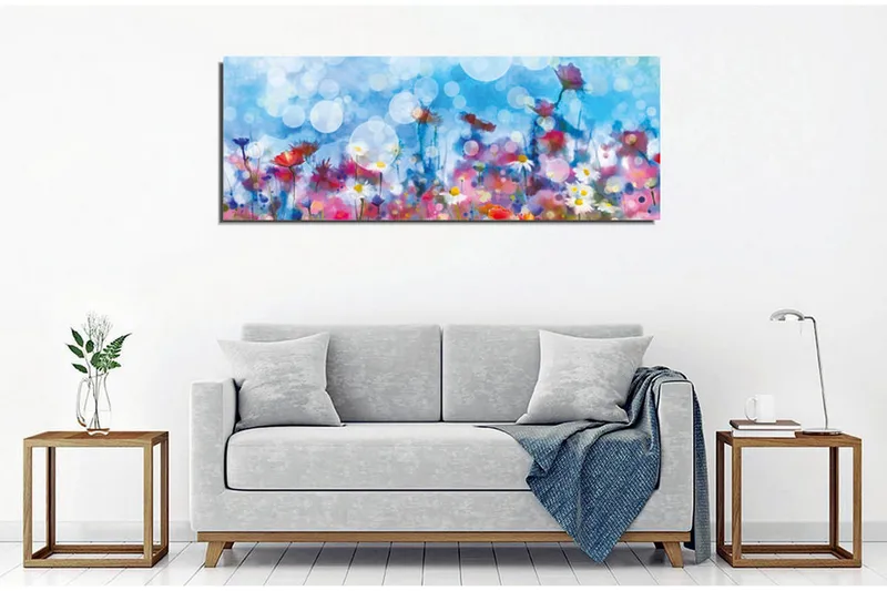 Canvastavla - Färgrik blomsteräng med suddiga ljusprickar - Blå / Rosa / Vit - Inredning - Tavlor & posters - Canvastavla