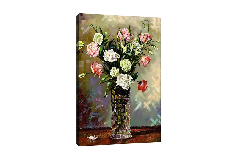 Canvastavla - Färgrik bukett av blommor i en glasvas, Rosa / Vit / Grön