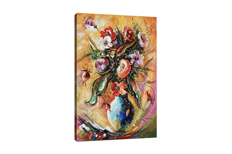 Canvastavla - Färgrik bukett av blommor i en vas, Grön / Rosa / Orange
