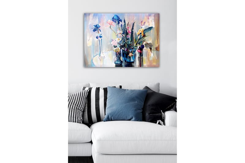 Canvastavla - Färgrik bukett av blommor i glasvaser - Blå / Rosa / Grön - Inredning - Tavlor & posters - Canvastavla