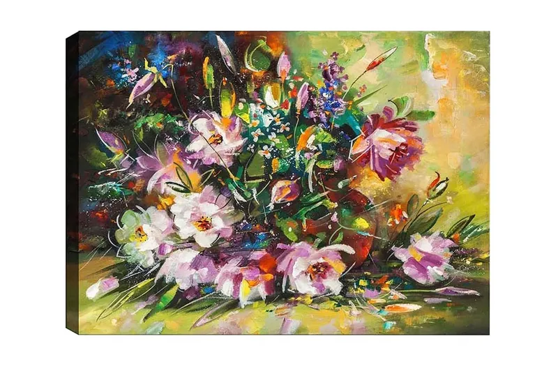 Canvastavla - Färgrik bukett av blommor i livfulla nyanser - Lila / Grön / Gul - Inredning - Tavlor & posters - Canvastavla