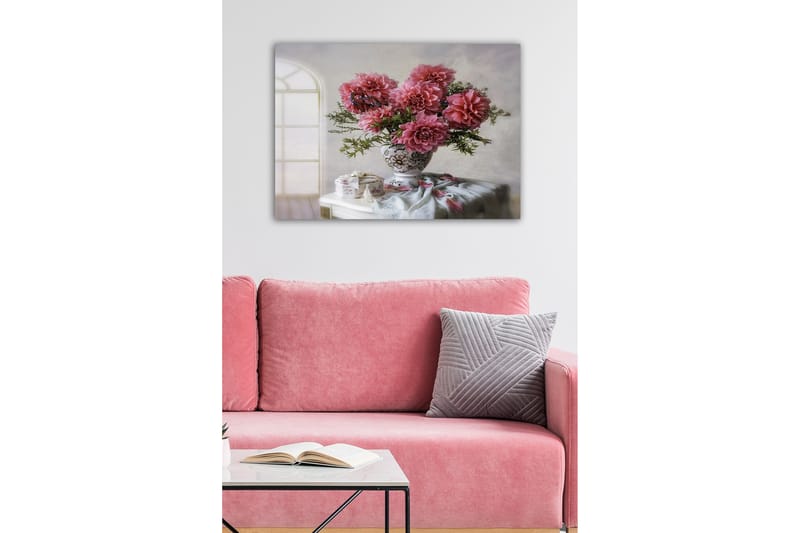 Canvastavla - Färgrik bukett av dahlior i en vacker vas - Rosa / Grön / Vit - Inredning - Tavlor & posters - Canvastavla