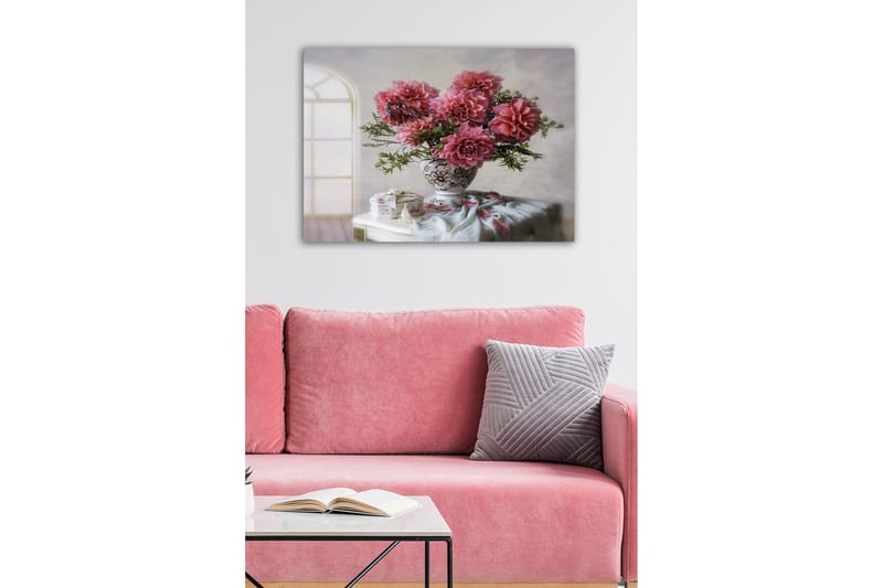 Canvastavla - Färgrik bukett av dahlior i en vacker vas - Rosa / Grön / Vit - Inredning - Tavlor & posters - Canvastavla