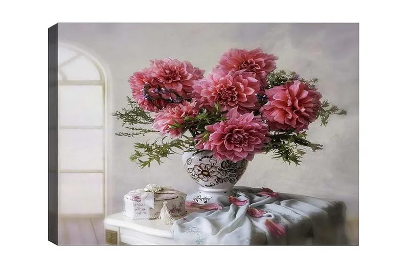 Canvastavla - Färgrik bukett av dahlior i en vacker vas, Rosa / Grön / Vit