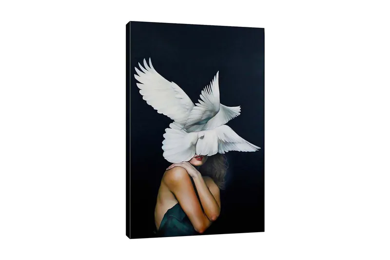 Canvastavla - Fåglar som svävar över en kvinna med en naken axel, Vit / Svart / Hudfärg