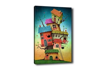 Canvastavla - Fantasifull byggnad av färgglada hus som växer ur en trädstam - Grön / Röd / Blå - Inredning - Tavlor & posters - Canvastavla