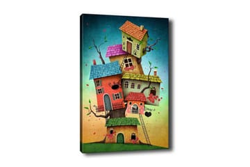 Canvastavla - Fantasifull byggnad av färgglada hus som växer ur en trädstam - Grön / Röd / Blå - Inredning - Tavlor & posters - Canvastavla