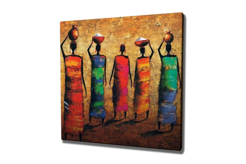 Canvastavla - Fem kvinnor i färgglada klänningar som bär krukor på huvudet, Röd / Grön / Blå