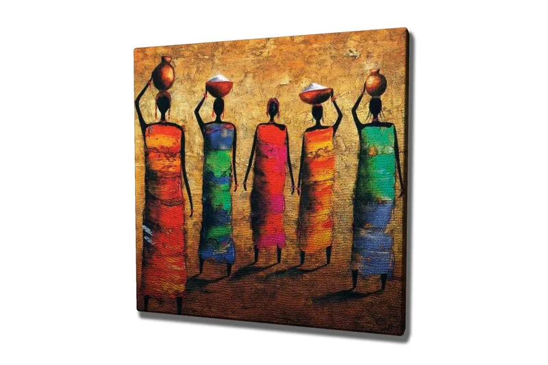 Canvastavla - Fem kvinnor i färgglada klänningar som bär krukor på huvudet - Röd / Grön / Blå - Inredning - Tavlor & posters - Canvastavla