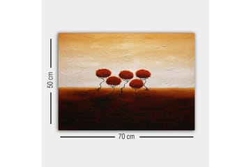 Canvastavla - Fem stiliserade träd med rödaktiga lövverk mot en varm, gyllene bakgrund - Röd / Brun / Beige - Inredning - Tavlor & posters - Canvastavla