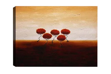 Canvastavla - Fem stiliserade träd med rödaktiga lövverk mot en varm, gyllene bakgrund - Röd / Brun / Beige - Inredning - Tavlor & posters - Canvastavla