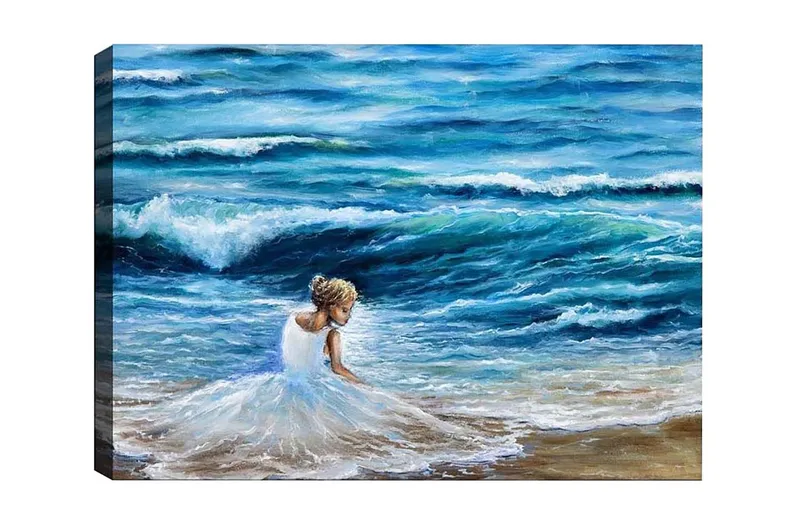 Canvastavla - Flicka i vit klänning som leker vid havet, Blå / Vit / Beige