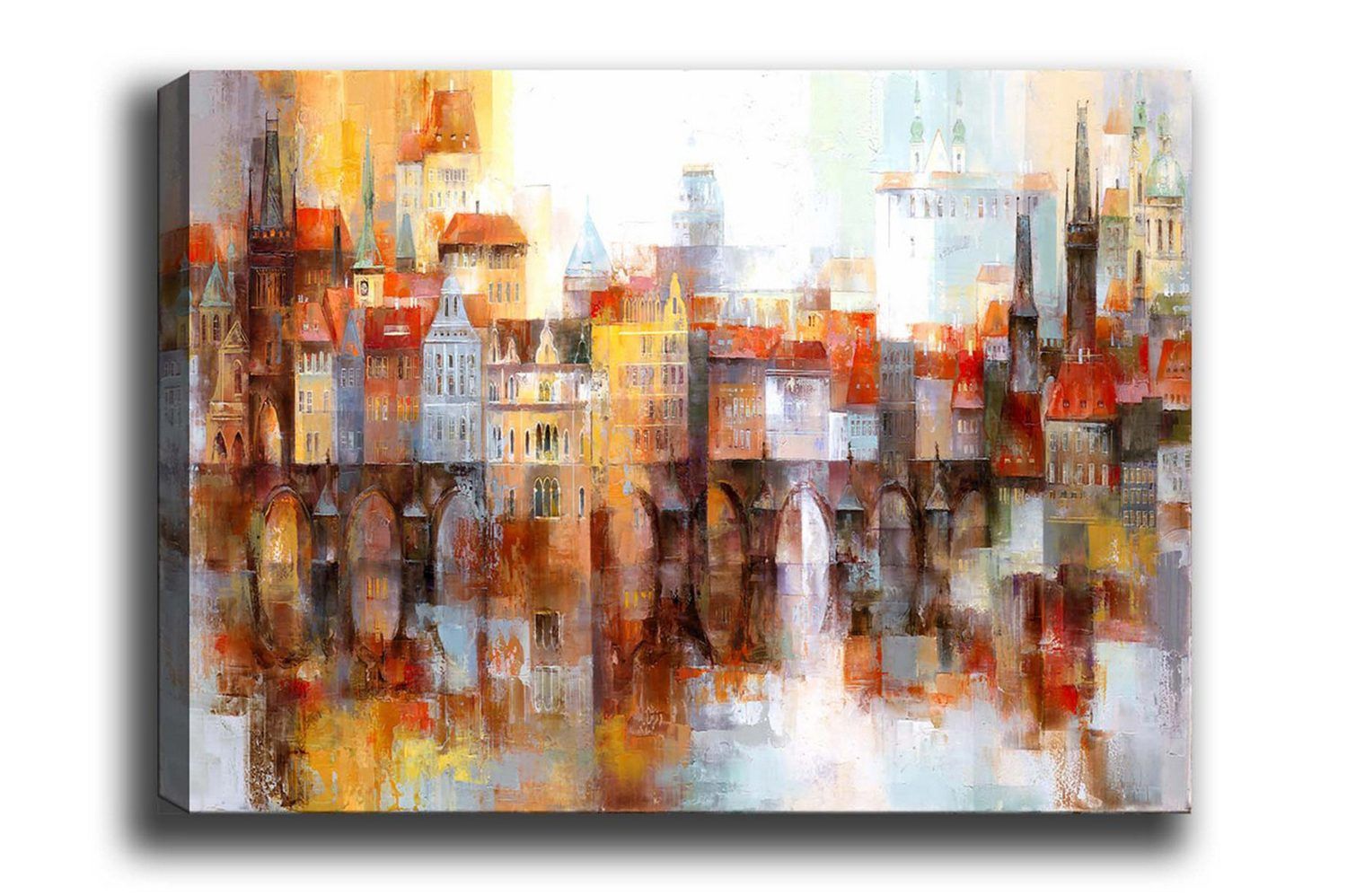 Canvastavla - Färgglad stadsbild med historiska byggnader och broar - Orange / Blå / Beige