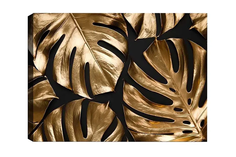 Canvastavla - Glänsande monstera-blad i guldtoner, Guld / Svart