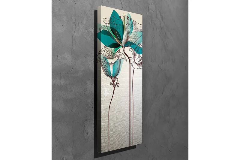 Canvastavla - Grafisk blomsterillustration med turkosa transparenta blad och brun linjeteckning - Beige / Brun / Turkos - Inredning - Tavlor & posters - Canvastavla