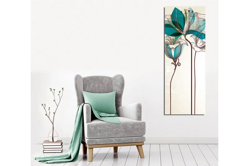 Canvastavla - Grafisk blomsterillustration med turkosa transparenta blad och brun linjeteckning - Beige / Brun / Turkos - Inredning - Tavlor & posters - Canvastavla