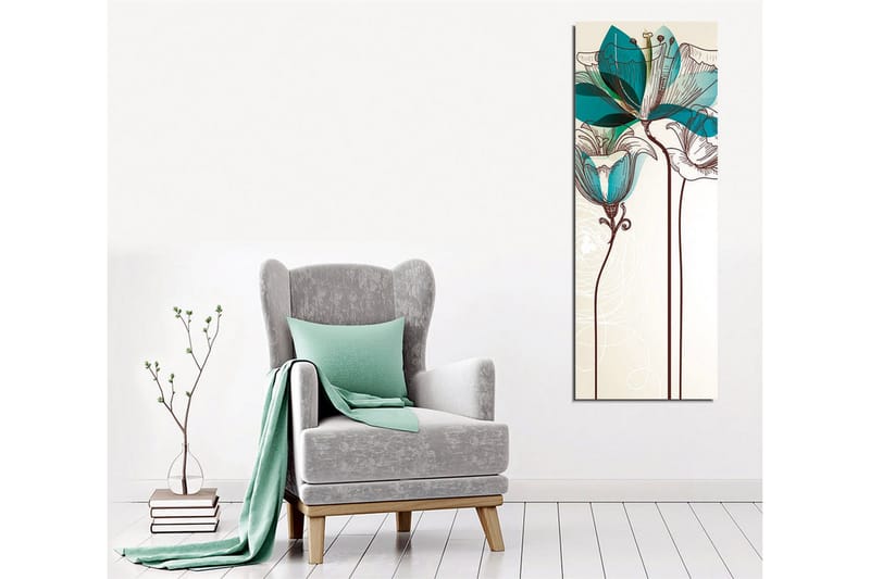 Canvastavla - Grafisk blomsterillustration med turkosa transparenta blad och brun linjeteckning - Beige / Brun / Turkos - Inredning - Tavlor & posters - Canvastavla