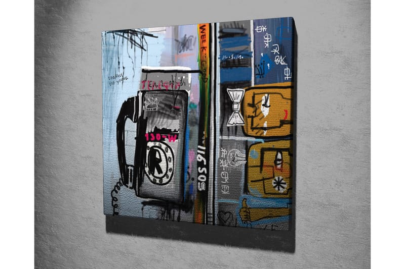 Canvastavla - Grafisk komposition med telefon och abstrakta figurer - Blå / Svart / Gul - Inredning - Tavlor & posters - Canvastavla