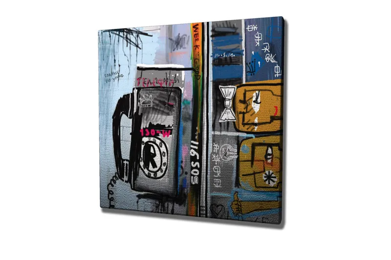 Canvastavla - Grafisk komposition med telefon och abstrakta figurer - Blå / Svart / Gul - Inredning - Tavlor & posters - Canvastavla