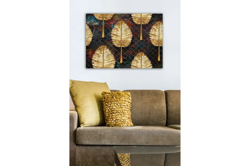 Canvastavla - Gyllene blad i ett mönstrat arrangemang - Guld / Mörkblå / Grön - Inredning - Tavlor & posters - Canvastavla
