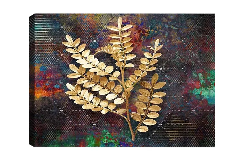 Canvastavla - Gyllene kvistar av lövverk mot en färgglad bakgrund, Guld / Mörkblå / Grön