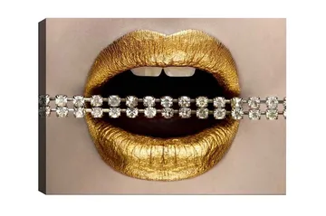 Canvastavla - Gyllene läppar med en glittrande kedja - Guld / Silver - Inredning - Tavlor & posters - Canvastavla