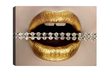 Canvastavla - Gyllene läppar med en glittrande kedja - Guld / Silver - Inredning - Tavlor & posters - Canvastavla