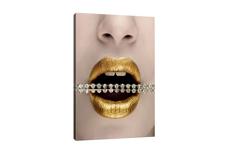 Canvastavla - Gyllene läppar med en glittrande kedja mellan tänderna, Guld / Svart / Silver