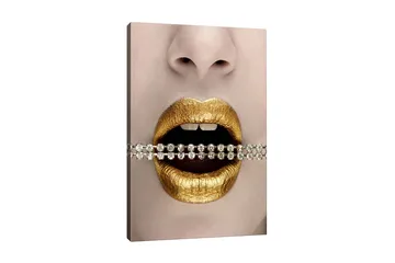 Canvastavla - Gyllene läppar med en glittrande kedja mellan tänderna - Guld / Svart / Silver - Inredning - Tavlor & posters - Canvastavla