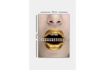 Canvastavla - Gyllene läppar med en glittrande kedja mellan tänderna - Guld / Svart / Silver - Inredning - Tavlor & posters - Canvastavla