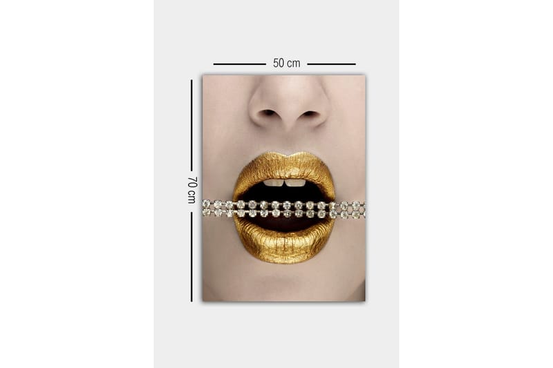 Canvastavla - Gyllene läppar med en glittrande kedja mellan tänderna - Guld / Svart / Silver - Inredning - Tavlor & posters - Canvastavla