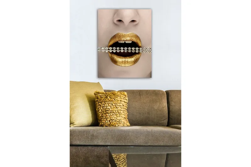 Canvastavla - Gyllene läppar med en glittrande kedja mellan tänderna - Guld / Svart / Silver - Inredning - Tavlor & posters - Canvastavla
