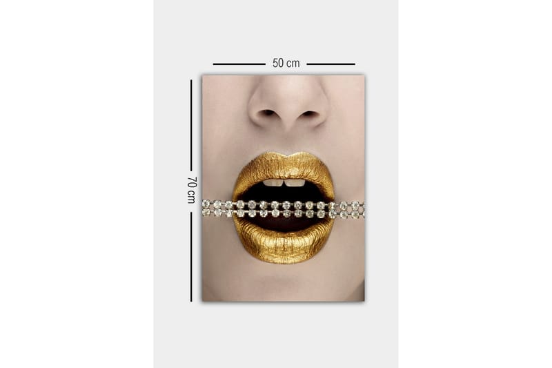 Canvastavla - Gyllene läppar med en glittrande kedja mellan tänderna - Guld / Svart / Silver - Inredning - Tavlor & posters - Canvastavla