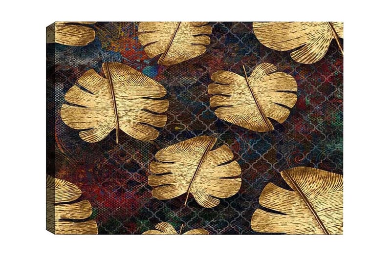 Canvastavla - Gyllene monstera-blad mot en mörk bakgrund - Guld / Mörkblå / Röd - Inredning - Tavlor & posters - Canvastavla