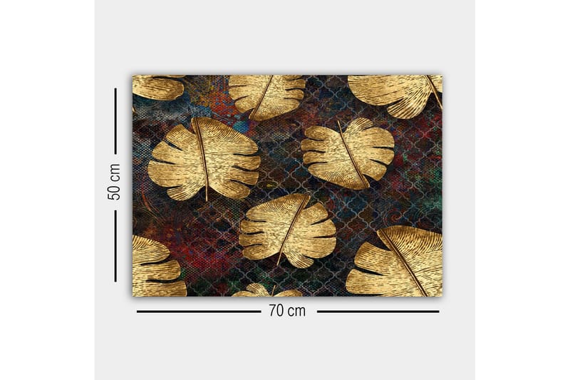Canvastavla - Gyllene monstera-blad mot en mörk bakgrund - Guld / Mörkblå / Röd - Inredning - Tavlor & posters - Canvastavla