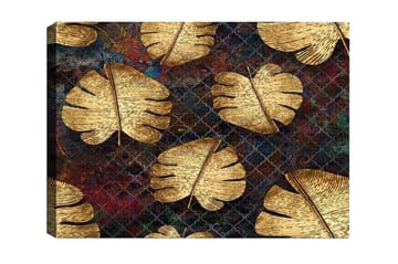 Canvastavla - Gyllene monstera-blad mot en mörk bakgrund - Guld / Mörkblå / Röd - Inredning - Tavlor & posters - Canvastavla