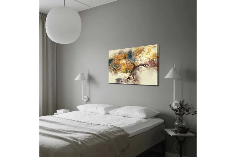 Canvastavla - Gyllene trädgrenar mot en mjuk bakgrund - Guld / Brun / Blå - Inredning - Tavlor & posters - Canvastavla