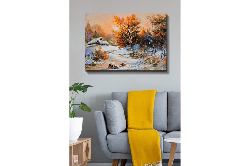 Canvastavla - Höstlandskap med ett ensamt hus och färgglada träd - Orange / Vit / Blå - Inredning - Tavlor & posters - Canvastavla