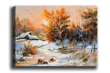 Canvastavla - Höstlandskap med ett ensamt hus och färgglada träd - Orange / Vit / Blå - Inredning - Tavlor & posters - Canvastavla