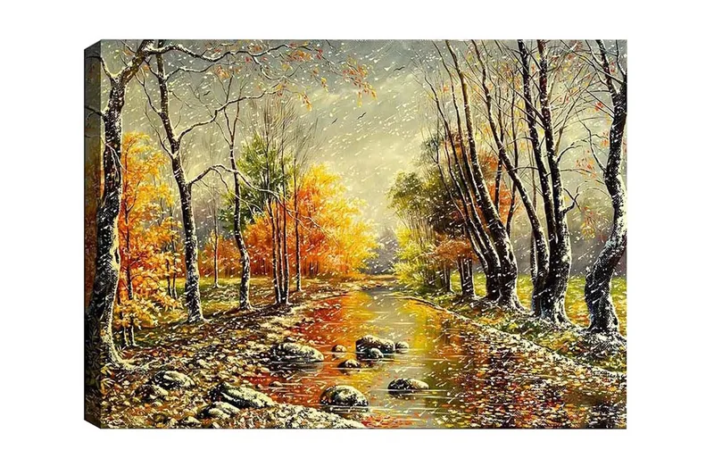 Canvastavla - Höstlandskap med färgglada träd och en spegelblanka flod, Orange / Grön / Brun