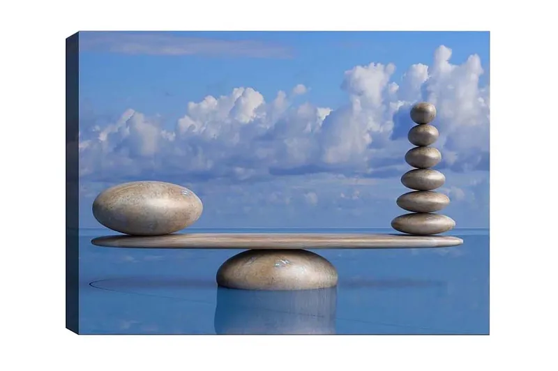 Canvastavla - Harmonisk balans av stenar på en plattform, Ljusblå / Beige / Grå