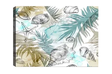 Canvastavla - Havsmotiv med snäckor och palmblad - Blå / Beige / Grön - Inredning - Tavlor & posters - Canvastavla