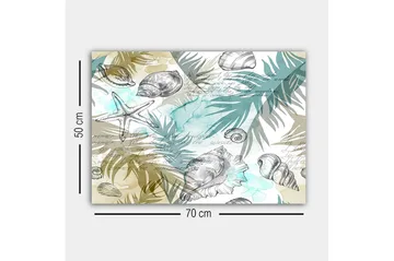 Canvastavla - Havsmotiv med snäckor och palmblad - Blå / Beige / Grön - Inredning - Tavlor & posters - Canvastavla