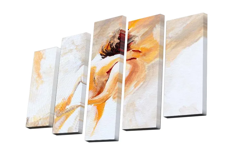 Canvastavla i 5 delar 82x50 cm - Abstrakt komposition av en dansande figur - Ljus orange / Beige / Vit - Inredning - Tavlor & posters - Canvastavla