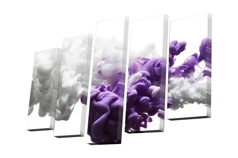 Canvastavla i 5 delar 82x50 cm - Abstrakt komposition av lila och vita färgexplosioner - Lila / Vit - Inredning - Tavlor & posters - Canvastavla