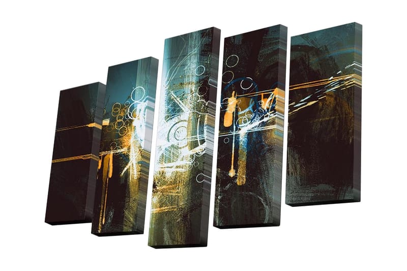 Canvastavla i 5 delar 82x50 cm - Abstrakt komposition med ljusa linjer och cirklar - Mörkblå / Guld / Svart - Inredning - Tavlor & posters - Canvastavla