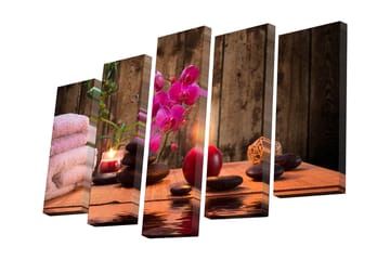 Canvastavla i 5 delar 82x50 cm - Avkopplande stillhet med orkidéer och stenar - Rosa / Svart / Grön - Inredning - Tavlor & posters - Canvastavla