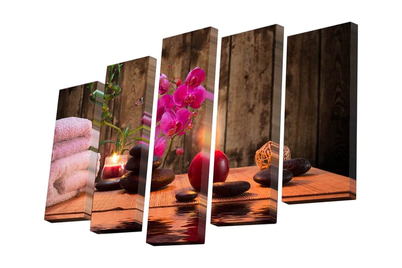 Canvastavla i 5 delar 82x50 cm - Avkopplande stillhet med orkidéer och stenar - Rosa / Svart / Grön - Inredning - Tavlor & posters - Canvastavla