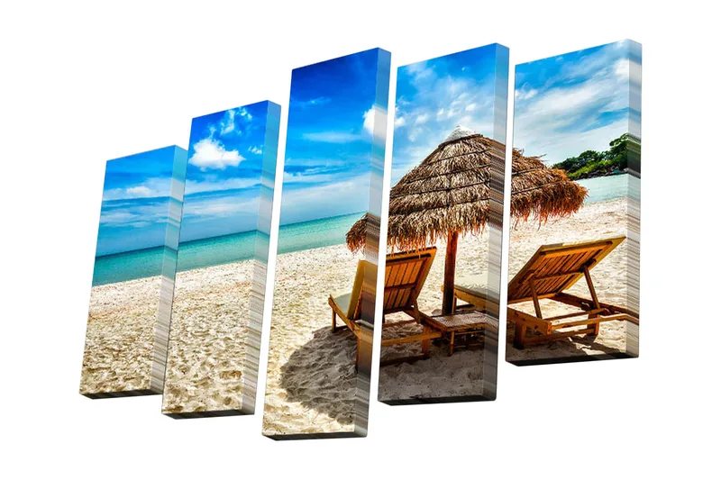 Canvastavla i 5 delar 82x50 cm - Avkopplande strandscen med solstolar och parasoll - Blå / Beige / Grön - Inredning - Tavlor & posters - Canvastavla